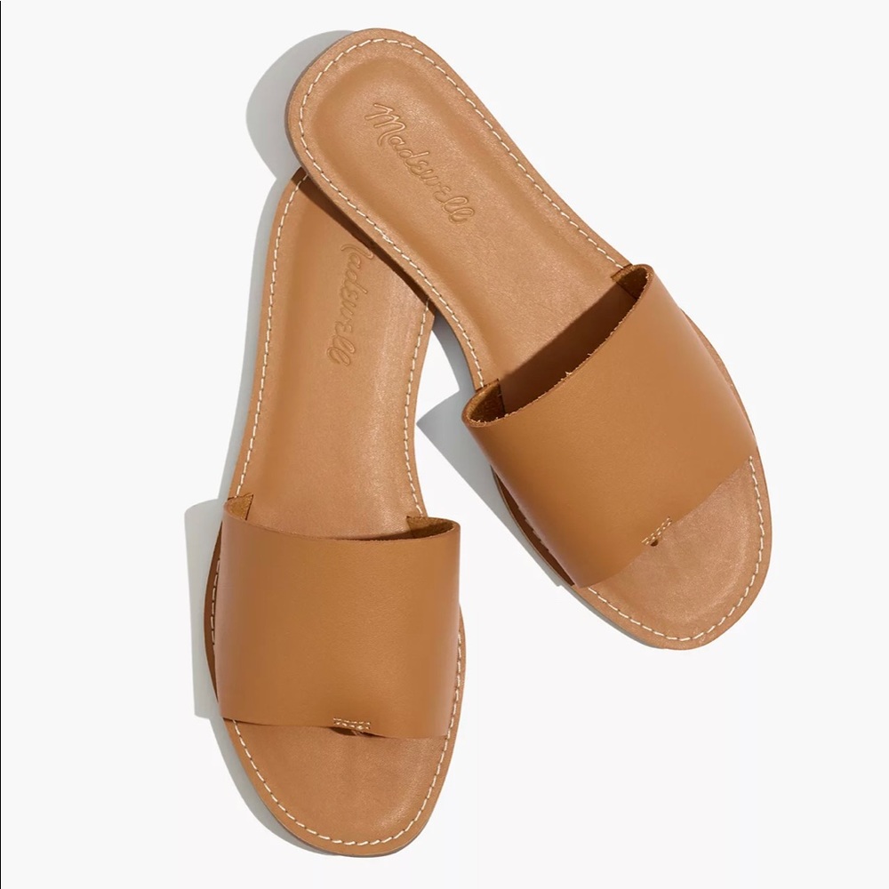 Madewell Boardwalk Post Slide Sandal in Camel Leather